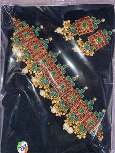 Red And Green Kundan stone Choker Set