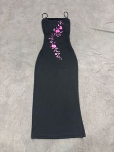 Black Embroidered Spaghetti Strap Dress
