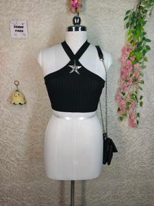 Black Ribbed Halter Crop Top with Star Charm
