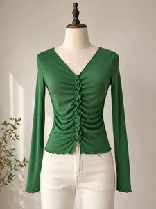 Green Ruched V-Neck Long Sleeve Top
