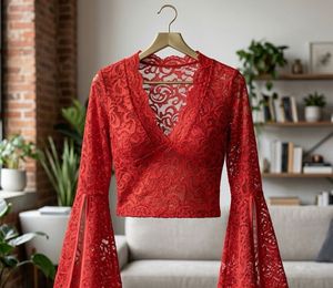 Red Lace Bell Sleeve Top