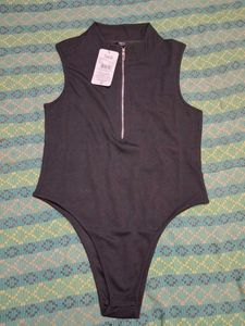 Ribbed  Black Zipper Bodysuit