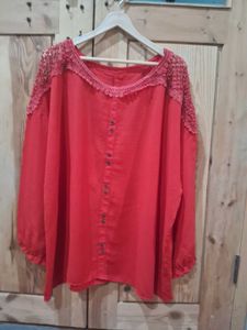 Red Button-Down Top with Crochet Detail