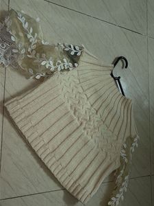 Cream Knit Sweater with Lace Sleeves
