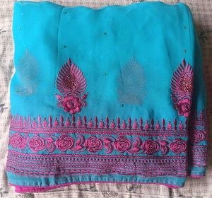 Set Of Beautiful Teal Saree with Pink Embroidery A