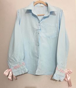Imported Light Blue Bow Lantern-sleeve Shirt