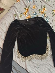 Elegant Black Velvet Blouse with Embellished Trim