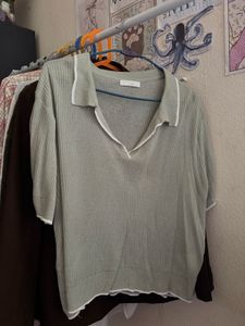 Sage Green Ribbed Polo Collar Top