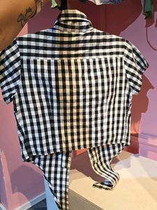Checked front tie crop top
