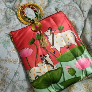 Handcrafted Cow & Lotus Print Clutch Bag