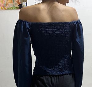 Navy Blue Off-Shoulder Smocked Top