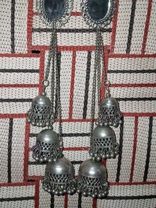 Oxidised Silver Jhumka Earrings with Mirror