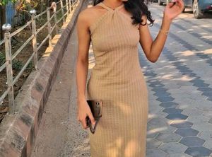 Ribbed Knit Halter Neck Maxi Dress