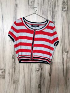 Striped Zip Front Short Sleeve Top