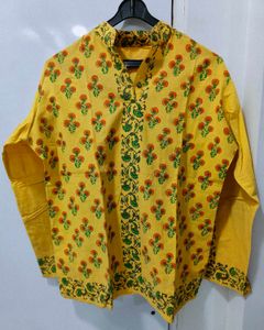 Yellow Printed Short Cotton Kurti