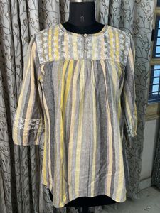 Striped Cotton Kurta with Embroidered Yoke