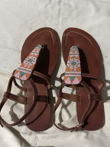 Beaded Brown Leather T-Strap Sandals