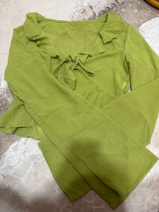 savana Lime Green Sheer Ruffle Tie-Front Top