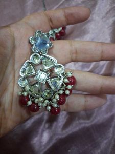 SilverPlated Kundan Style Earrings + MaangTikka