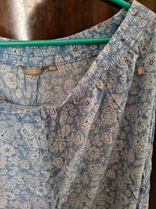 Blue Printed Kurta with Embellished Neckline