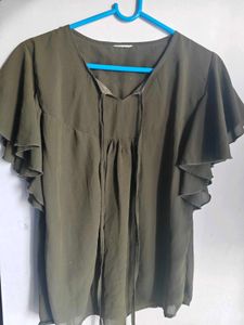 Olive Green Ruffle Sleeve Top_ Size XS