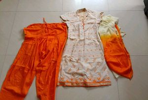 Elegant Cream &amp; Orange Kurta Set