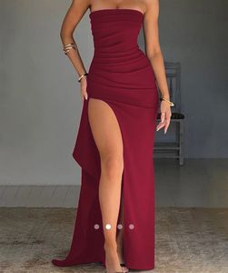 Elegant Red Savana Strapless High-Slit Dress