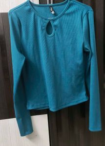 Teal Ribbed Keyhole Long Sleeve Top