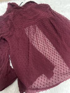 Elegant Burgundy Sheer Button-Up With Inner