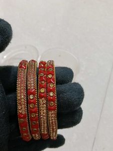 Red Glass Bangles with Gold Accent