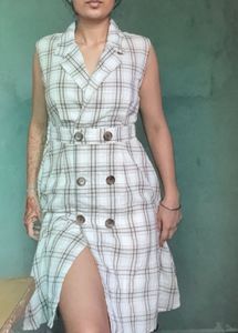 Plaid Sleeveless Blazer Slit Dress