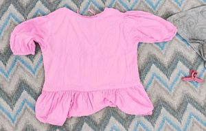 Cute Korean Bow Front Puff Sleeve Pink Top 🌸