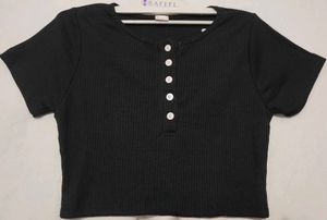 Ribbed Crop Top with Button Detail