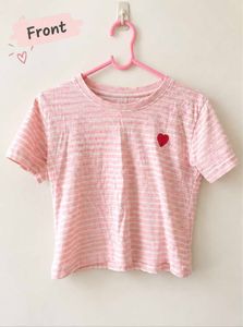 Pink & White Striped Crop Top with Heart Detail