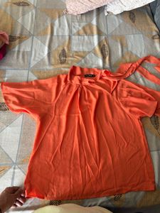 Orange Short Sleeve Tie Neck Top