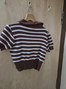 Brown &amp; White Striped Polo Top