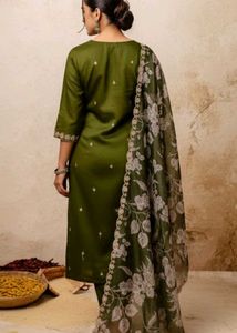 mehendi green silk blend embroidered suit set with