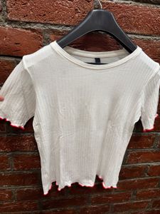 Ribbed White Tee with Red Trim