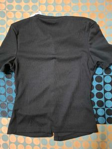 Black Short Sleeve Button-Up Top