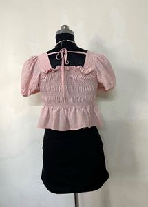 Pink Smocked Puff Sleeve Peplum Top