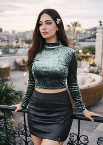 Chic Velvet Crop Top &amp; Leather Skirt Set