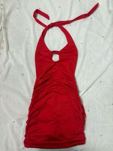 Red Ruched Halter Neck Mini Dress