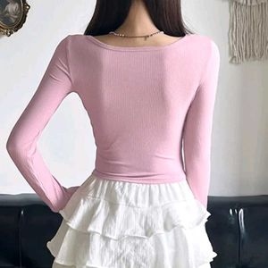 Pink Solid Ribbed Crop Top