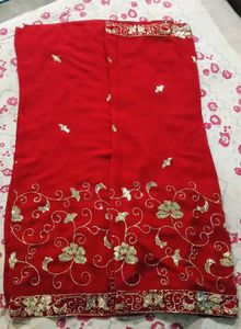 Red Saree with Silver Embroidery