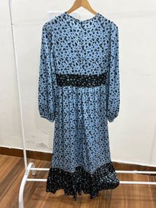 Ditsy Floral Pastel Blue-Black Print Midi Dress
