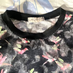 Sheer Black Bird Print Top