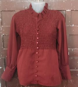 Maroon Smocked Neck Long Sleeve Top