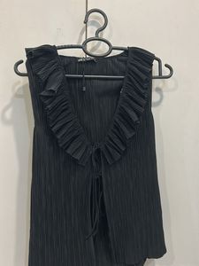 Zara Black Pleated Top with Ruffle Neckline