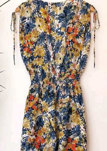 New Floral Printed V-Neck Smocked Waist Wide