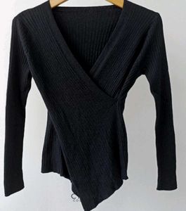 Stylish Black Wrap Knit Top